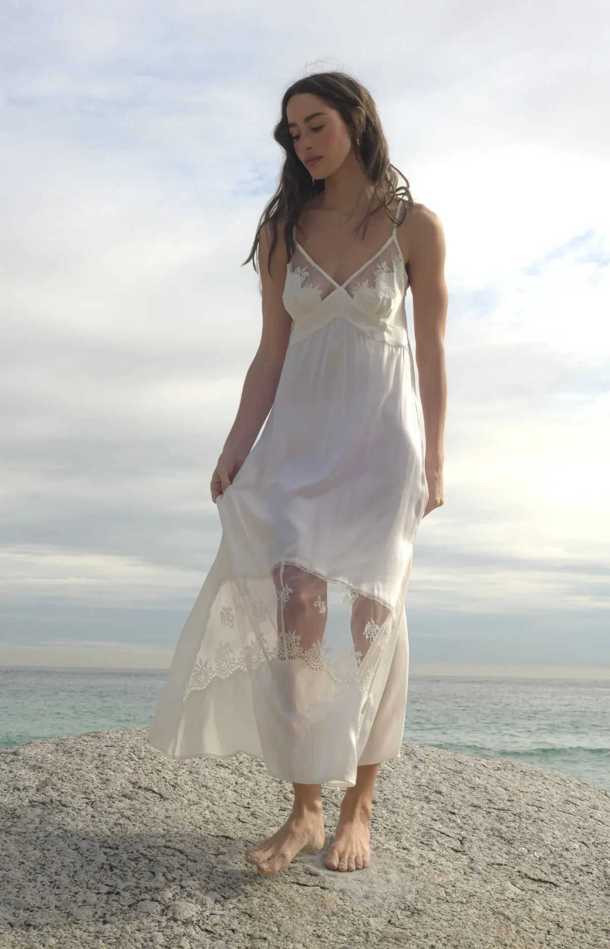 shell belle couture voyage long slip dress ivory main 22 - Save 15% on Shell Belle Couture’s Luxury Bridal Lingerie, Silk Kimonos & Honeymoon Wear Luxury lace slip dress for brides and honeymoons by Shell Belle Couture