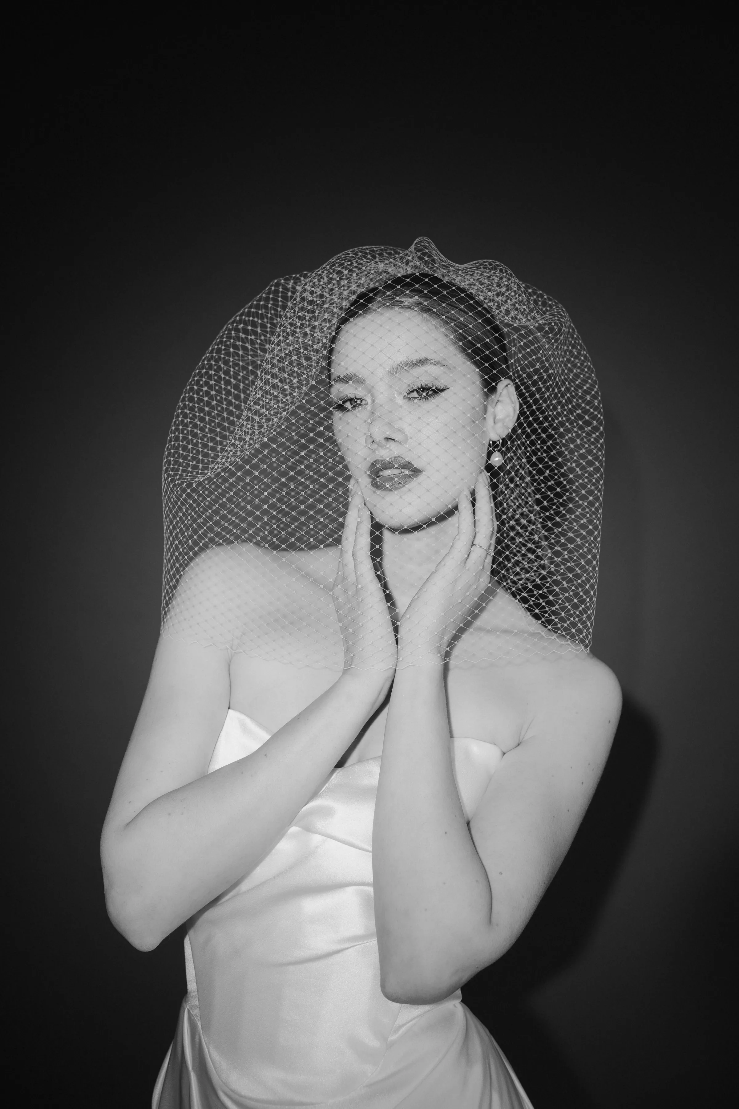 Camilla blusher long birdcage micro veil 225 Vera baroque pearl hoop earrings 95 debbiecarlisle.com 2 - Muse, by Debbie Carlisle: Bridal Accessories & Micro Veils, Handmade & Shipped Worldwide Debbie Carlisle Camilla blusher long birdcage micro veil with baroque pearl hoop earrings