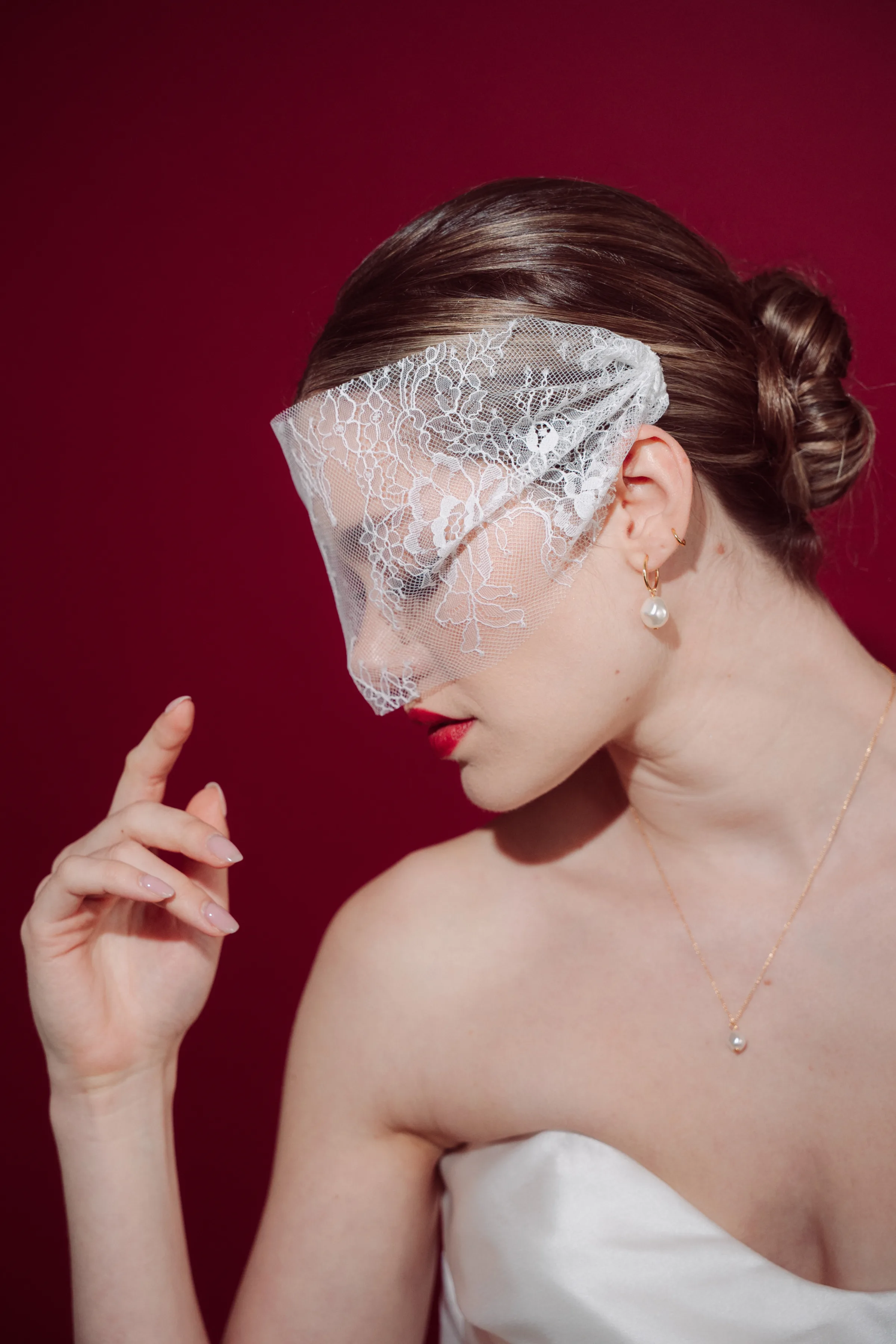 Chantilly lace mask style micro veil 225 Vera vegan baroque pearl hoop earrings 95 debbiecarlisle.com 1 - Muse, by Debbie Carlisle: Bridal Accessories & Micro Veils, Handmade & Shipped Worldwide Debbie Carlisle Chantily lace mask micro veil with pearl hoop earrings