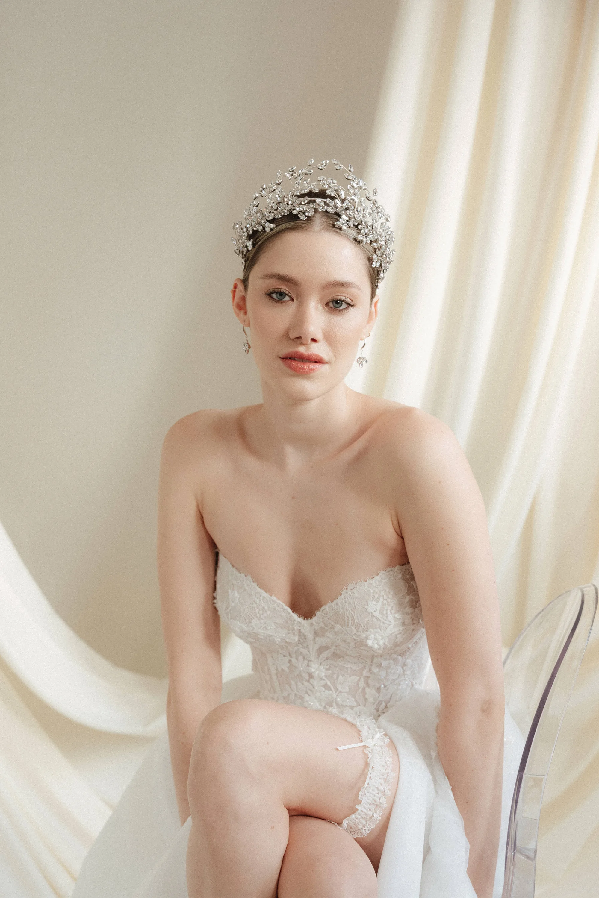 Imogen statement stacked crown set with Indira leafy hair pins debbiecarlisle.com 4 - Muse, by Debbie Carlisle: Bridal Accessories & Micro Veils, Handmade & Shipped Worldwide Debbie Carlisle beautiful modern bridal tiara, Theodora