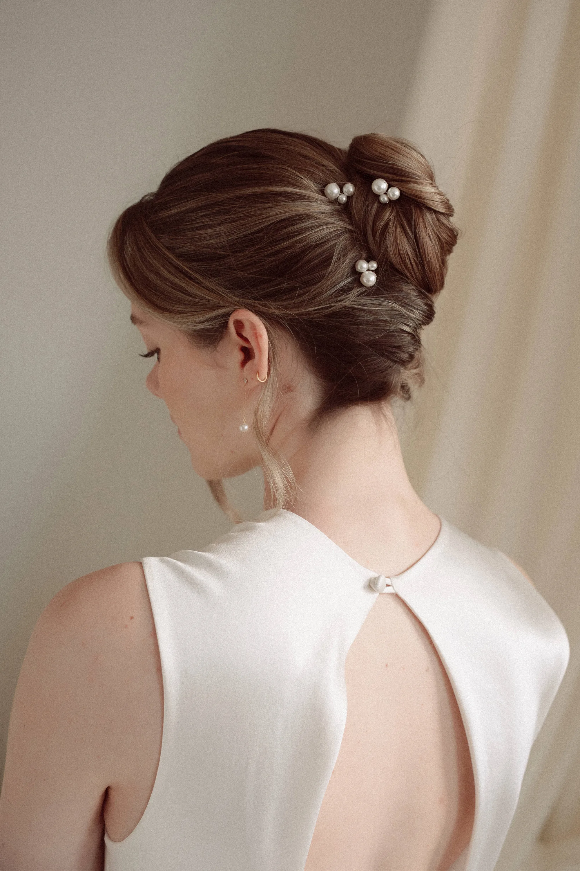 Ina small CZ crystal and round vegan pearl drop stud earrings gold and Perla cluster pearl hair pins trio set 6 - Muse, by Debbie Carlisle: Bridal Accessories & Micro Veils, Handmade & Shipped Worldwide Debbie Carlisle bridal hair pearls