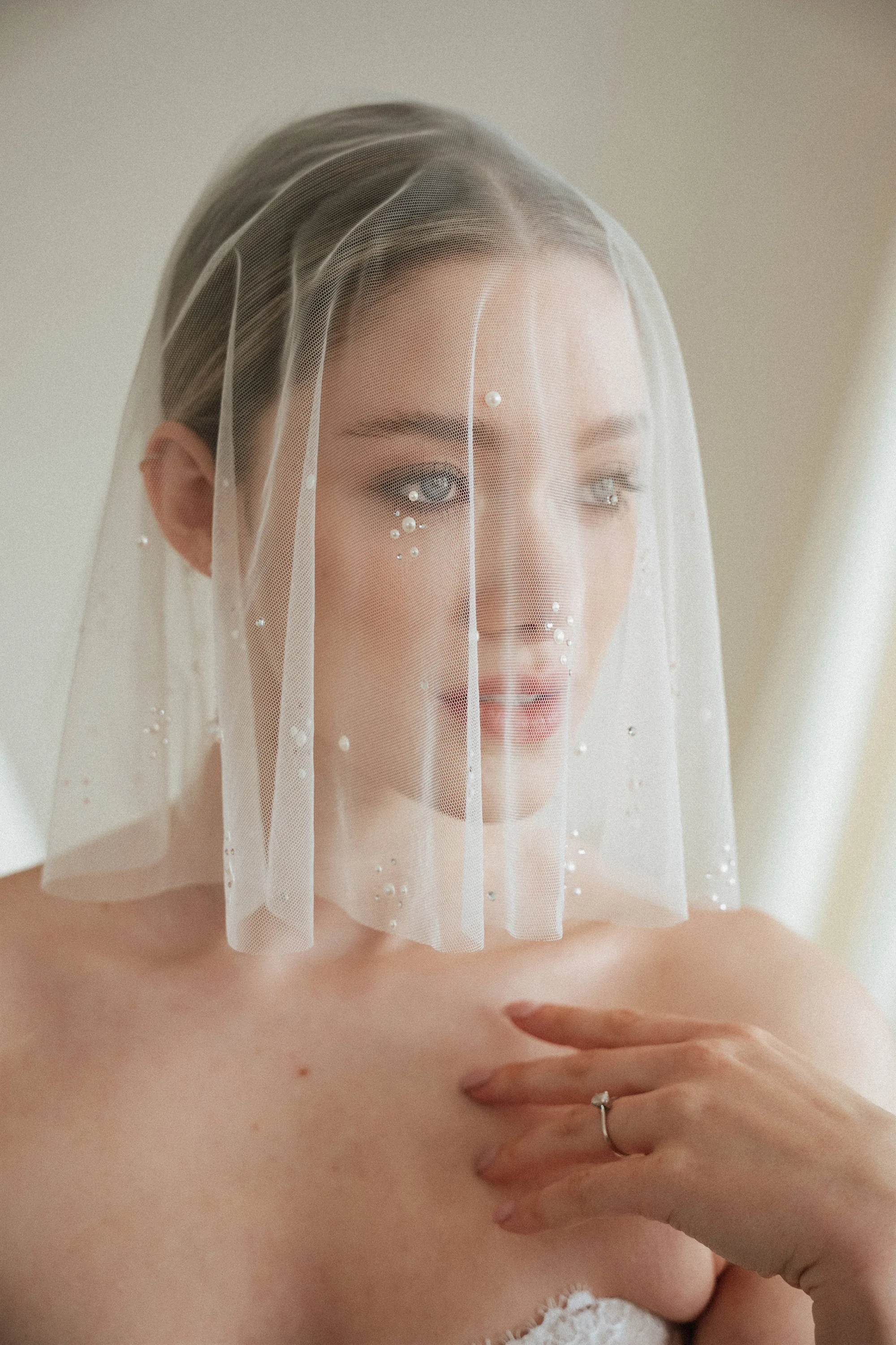 Katharina crystal and pearl embellished micro veil drop veil 2 - Muse, by Debbie Carlisle: Bridal Accessories & Micro Veils, Handmade & Shipped Worldwide Katharina crystal and pearl embellished micro veil drop veil 2