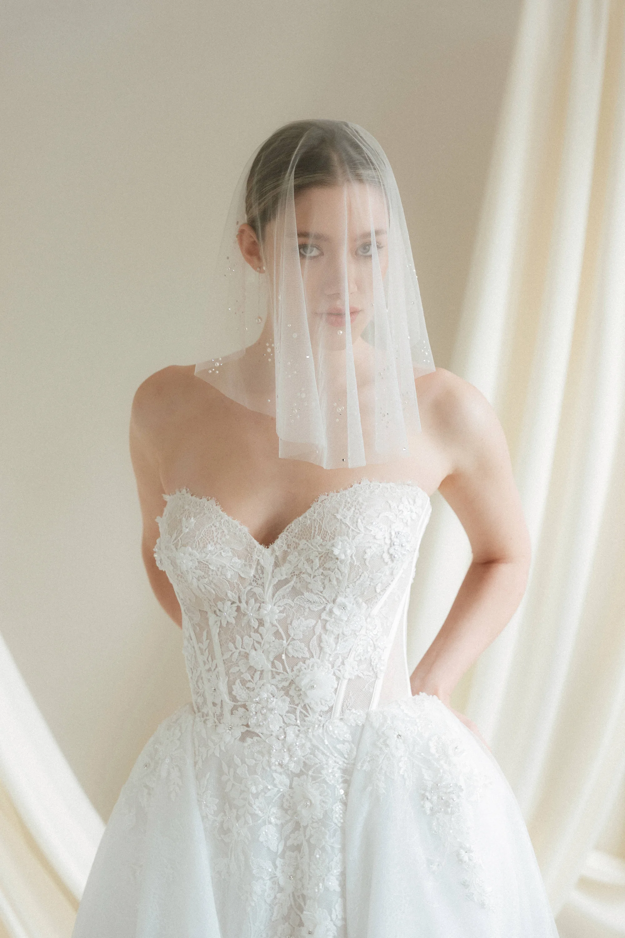 Katharina crystal and pearl embellished micro veil drop veil 6 - Muse, by Debbie Carlisle: Bridal Accessories & Micro Veils, Handmade & Shipped Worldwide Katharina crystal and pearl embellished micro veil drop veil 6