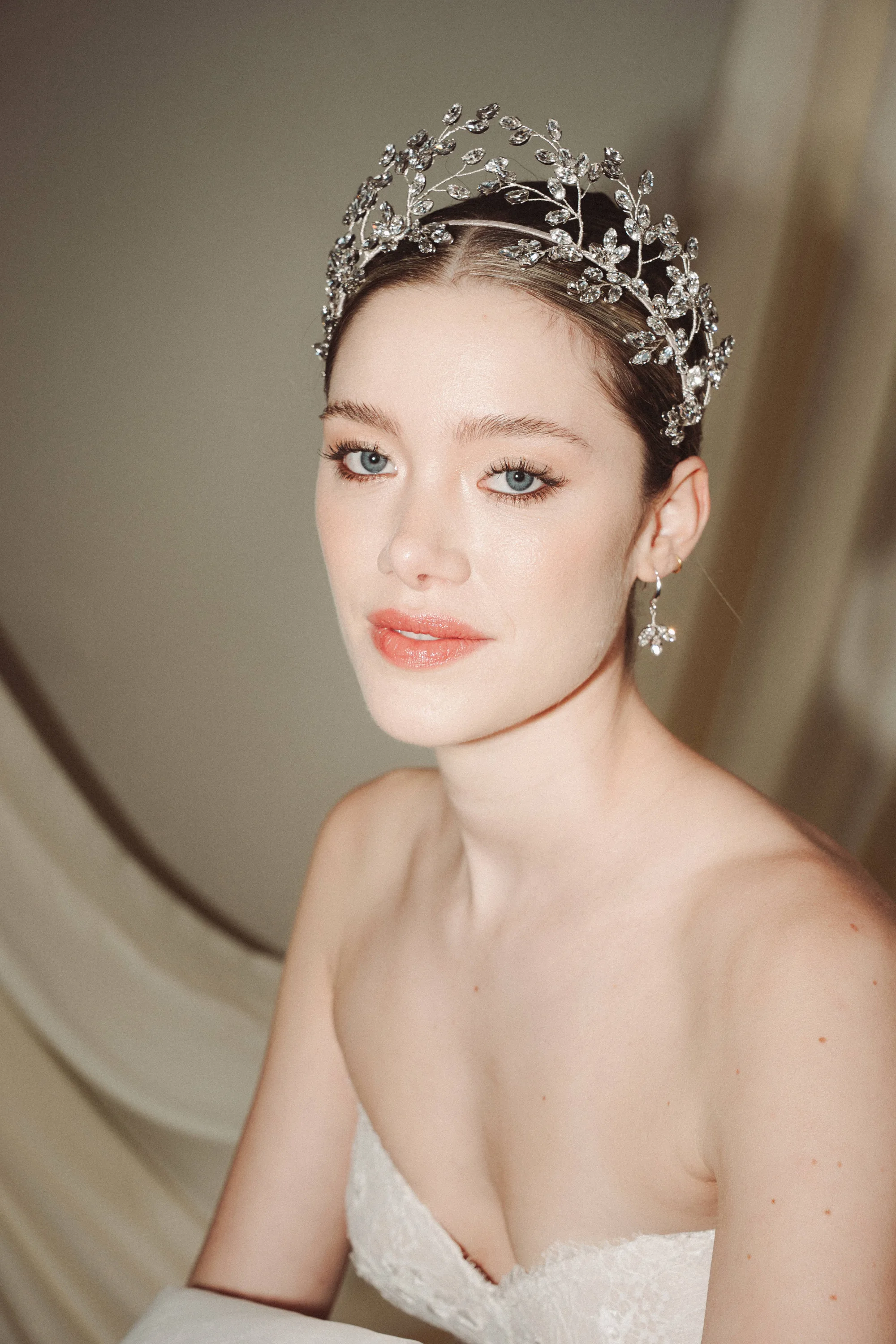 Mabel silver crystal crown Indira crystal leafy hair pins 1 - Muse, by Debbie Carlisle: Bridal Accessories & Micro Veils, Handmade & Shipped Worldwide Mabel silver crystal crown Indira crystal leafy hair pins 1