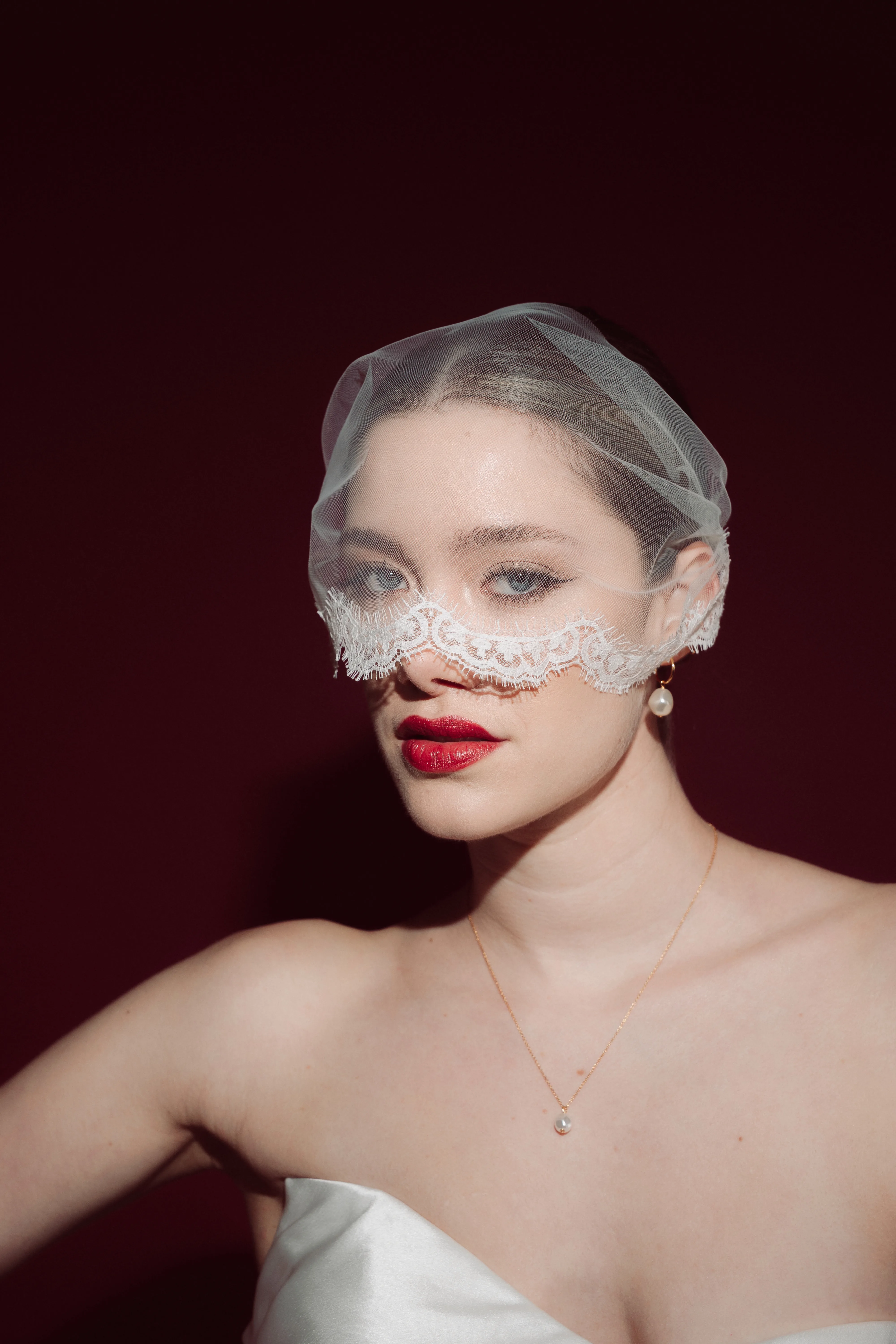 Nicole Tulle mask style micro veil with lace edging debbiecarlisle.com 225 Vera pearl hoop earrings 95 - Muse, by Debbie Carlisle: Bridal Accessories & Micro Veils, Handmade & Shipped Worldwide Nicole Tulle mask style micro veil with lace edging debbiecarlisle.com 225 Vera pearl hoop earrings 95