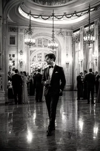 Groom in black tie holding a drink while standing in an elegant chandelier-lit ballroom during a wedding reception.