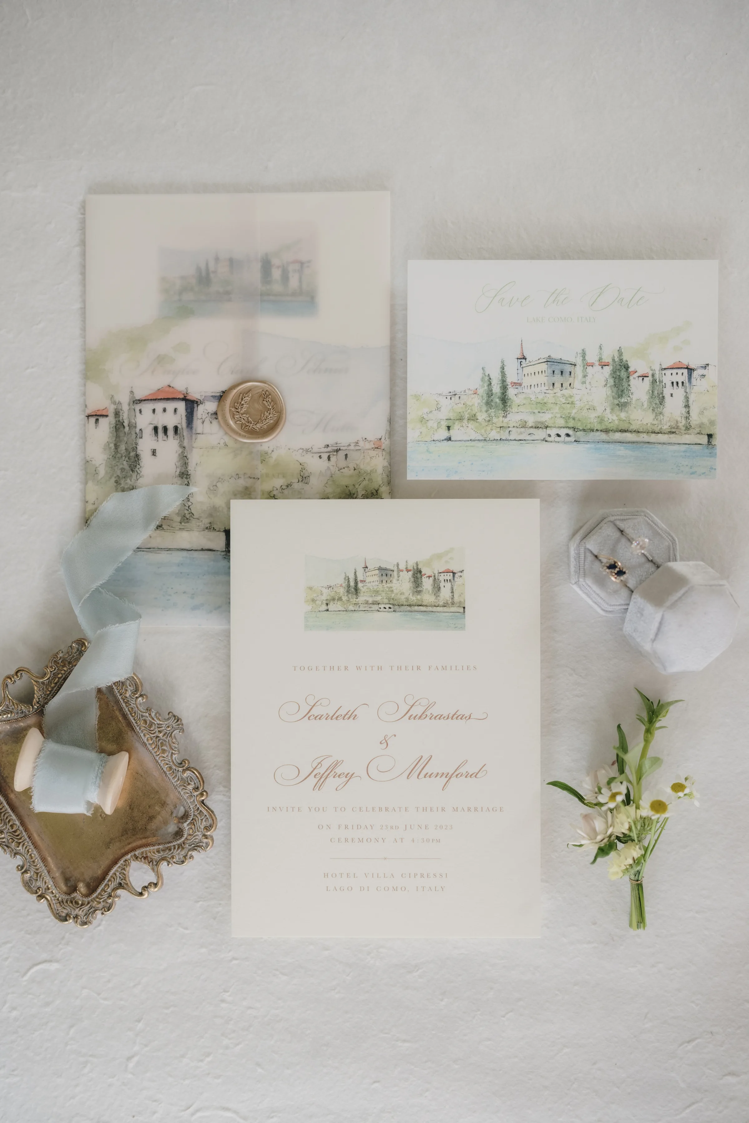Villa Cipressi bespoke destination wedding stationery 01 - Beauty Journalist Tori’s Intimate London Pub Wedding & By Watters Short, Puff Sleeve Dress Lynda Loves
