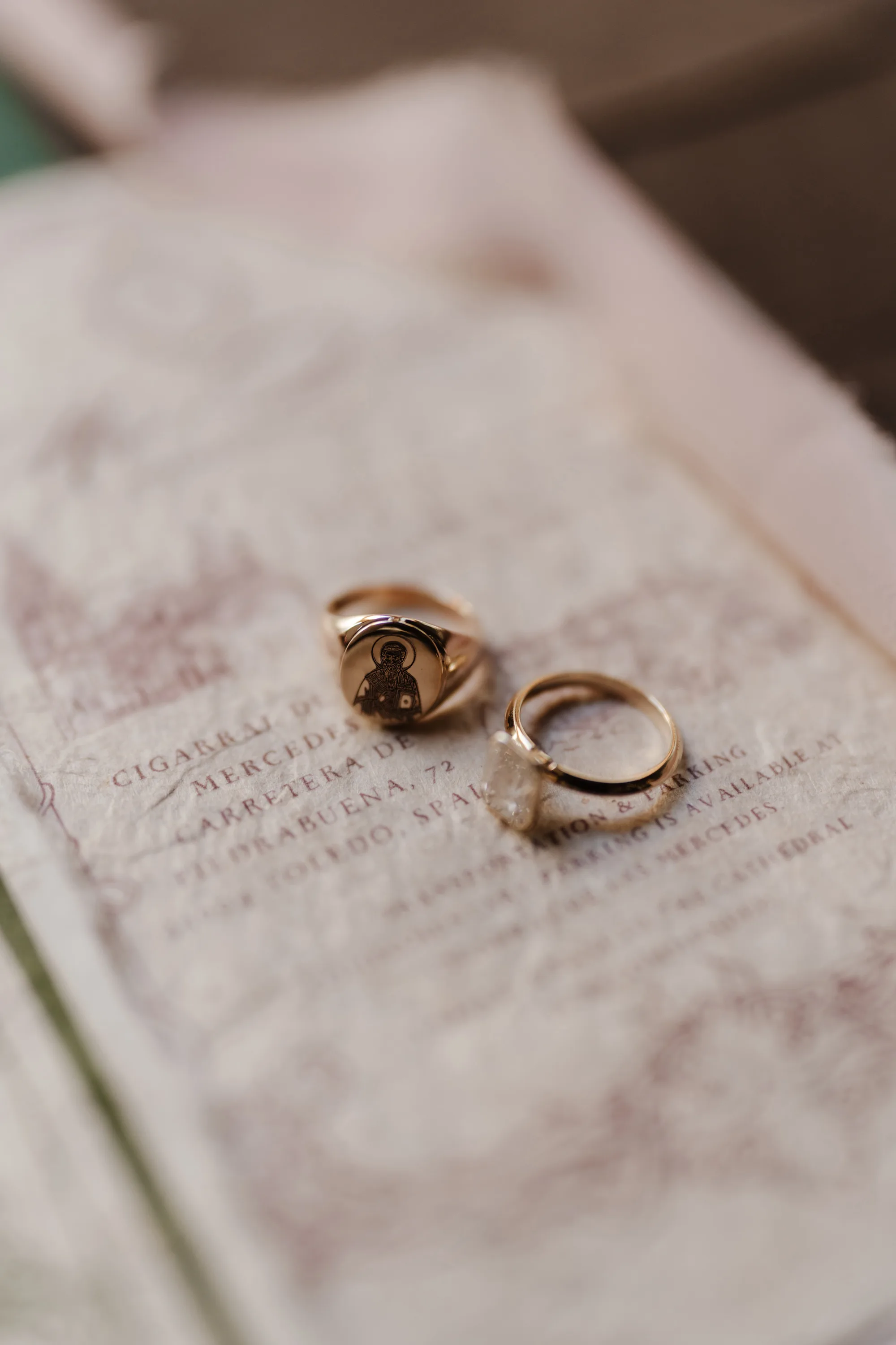 Wedding Toledo Spain Sam Sparks Photography 22 - A Multicultural Wedding in Toledo, Spain, with Korean Heritage and Deep Southern Roots Gold wedding rings on printed stationery