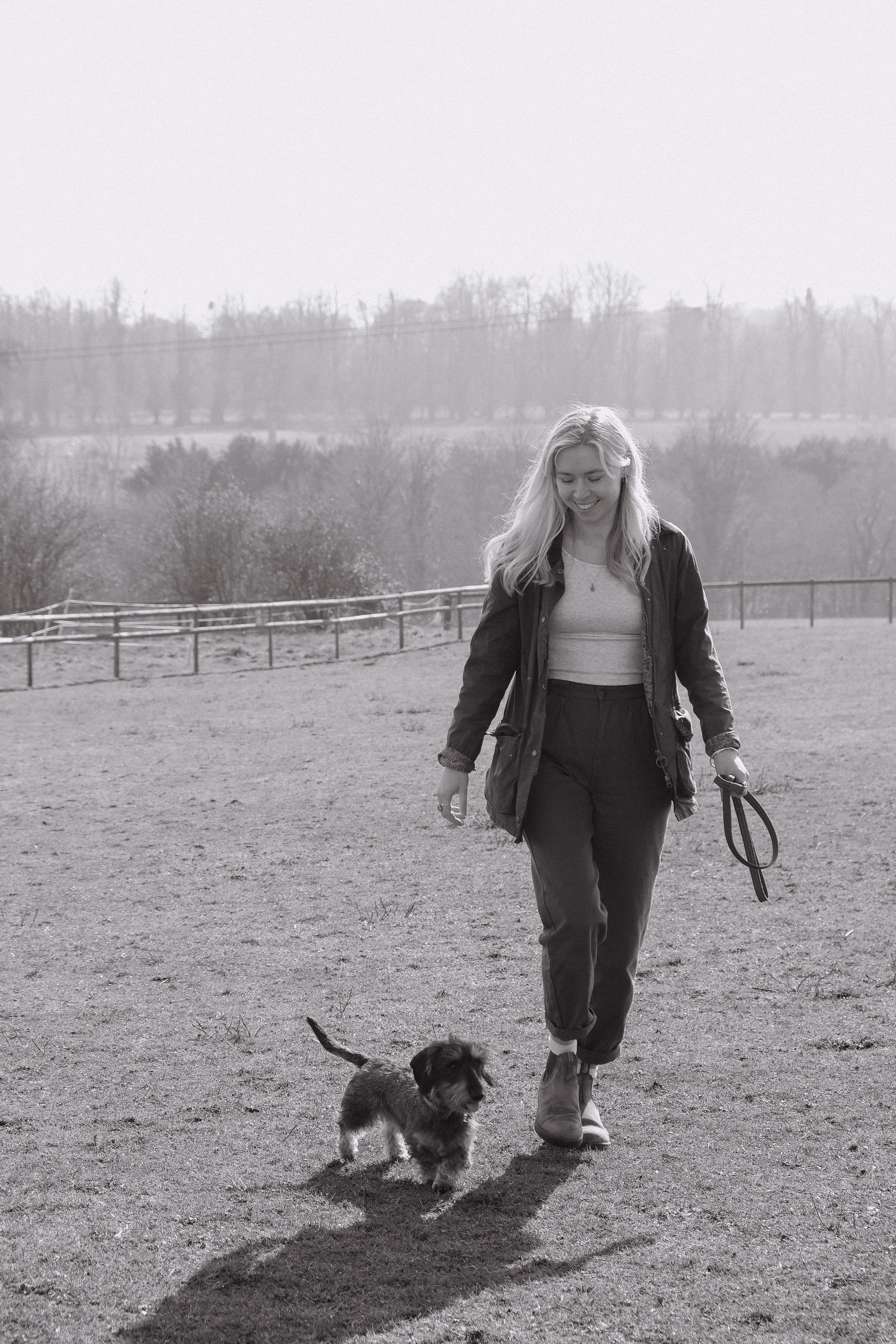 Sophie Rose of Sophie Rose Bridal, the designer walking with her dog.